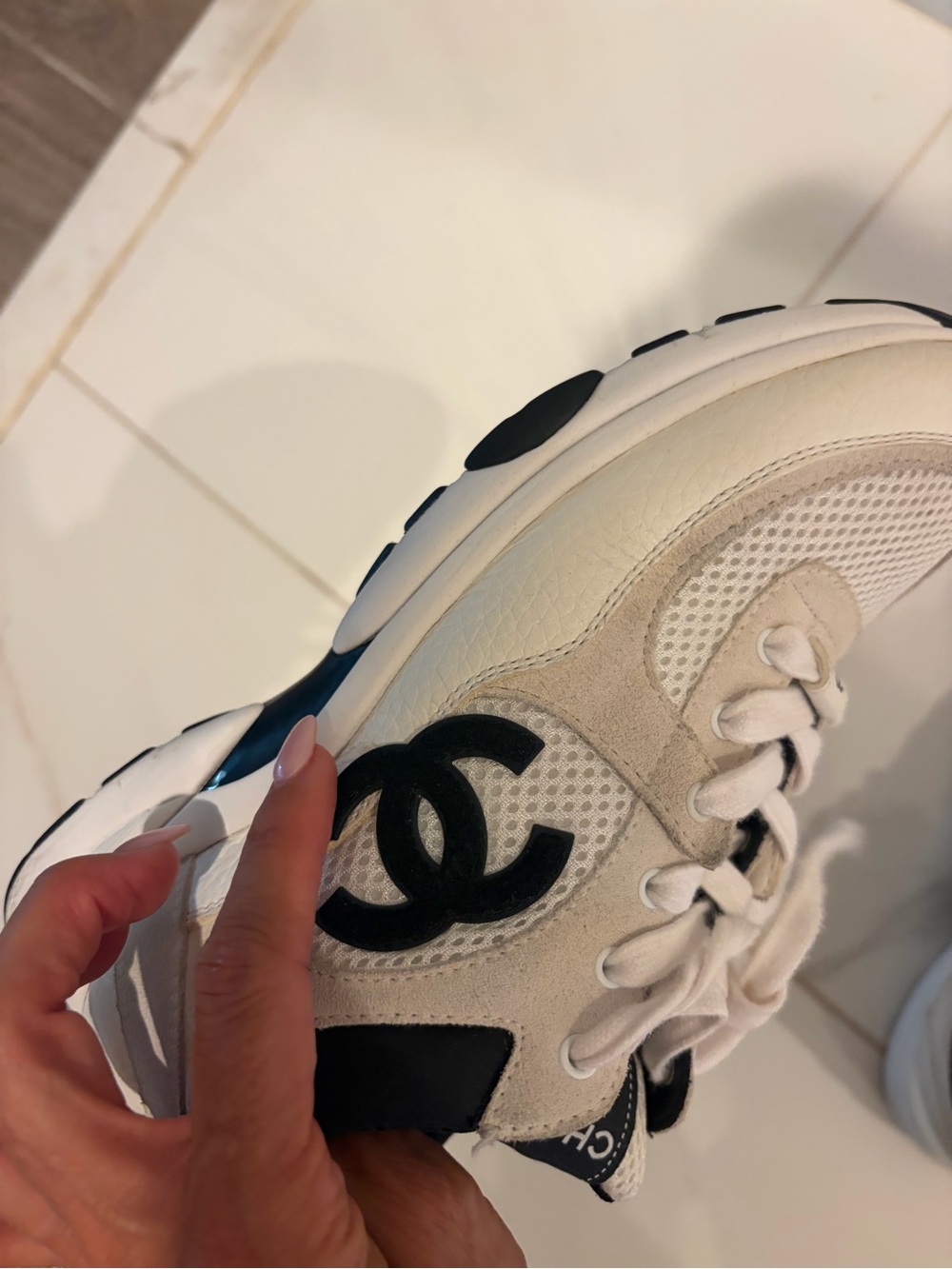 CHANEL Cream & Black Logo Chunky Sneakers - Picture 3 of 9